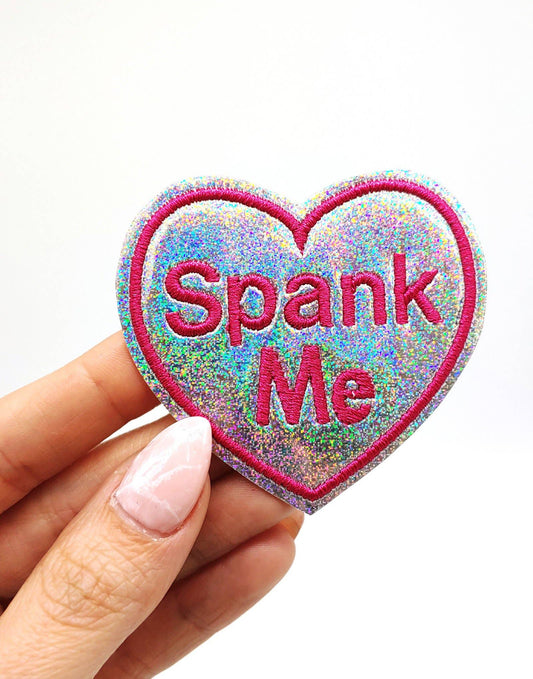 Spank Me Heart Holographic Glitter Vinyl Iron On Patch