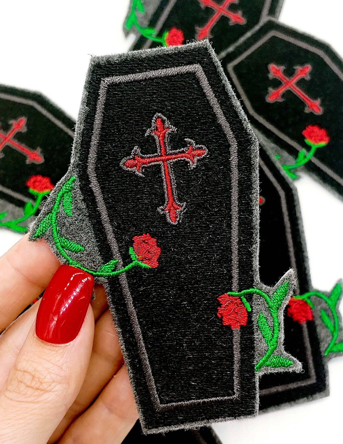 Coffin and Roses Gothic Iron On Embroidered Patch