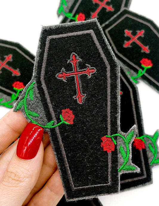 Coffin and Roses Gothic Iron On Embroidered Patch