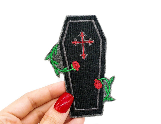 Coffin and Roses Gothic Iron On Embroidered Patch