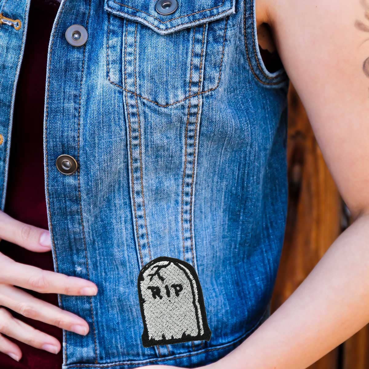 RIP Tombstone Small Black and Gray Iron On Embroidered Patch