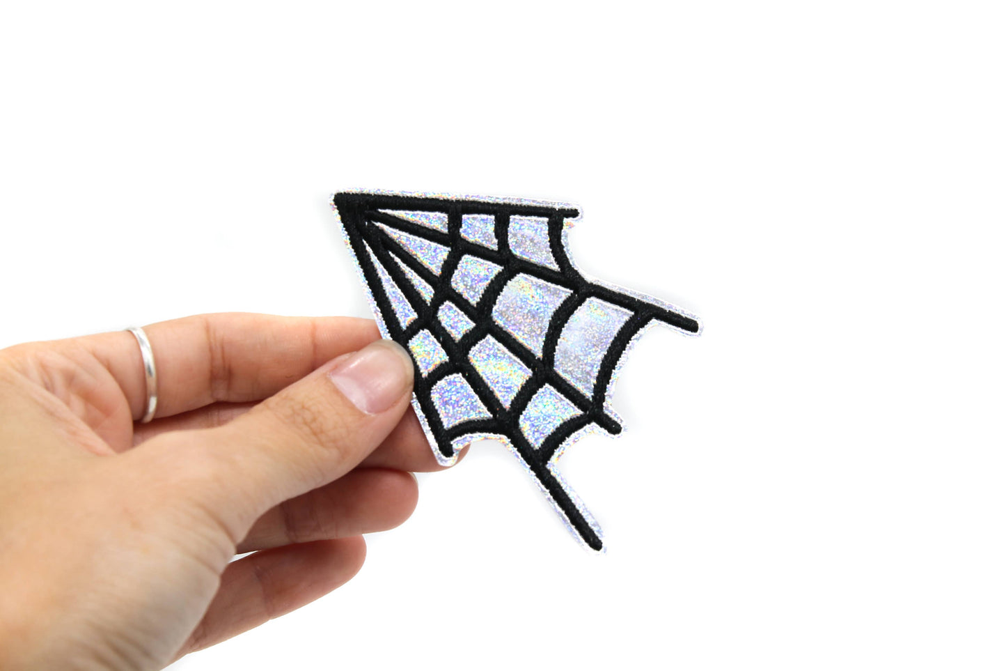 Silver Glitter Holographic Spider Web Iron On Vinyl Patch