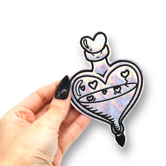 Love Potion Silver Glitter Holographic Embroidered Patch