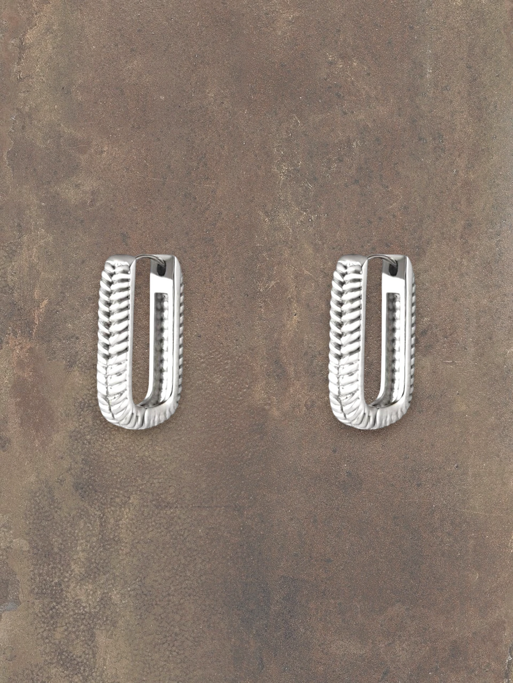 WILDSIDE silver rectangular hoop earrings with textured design