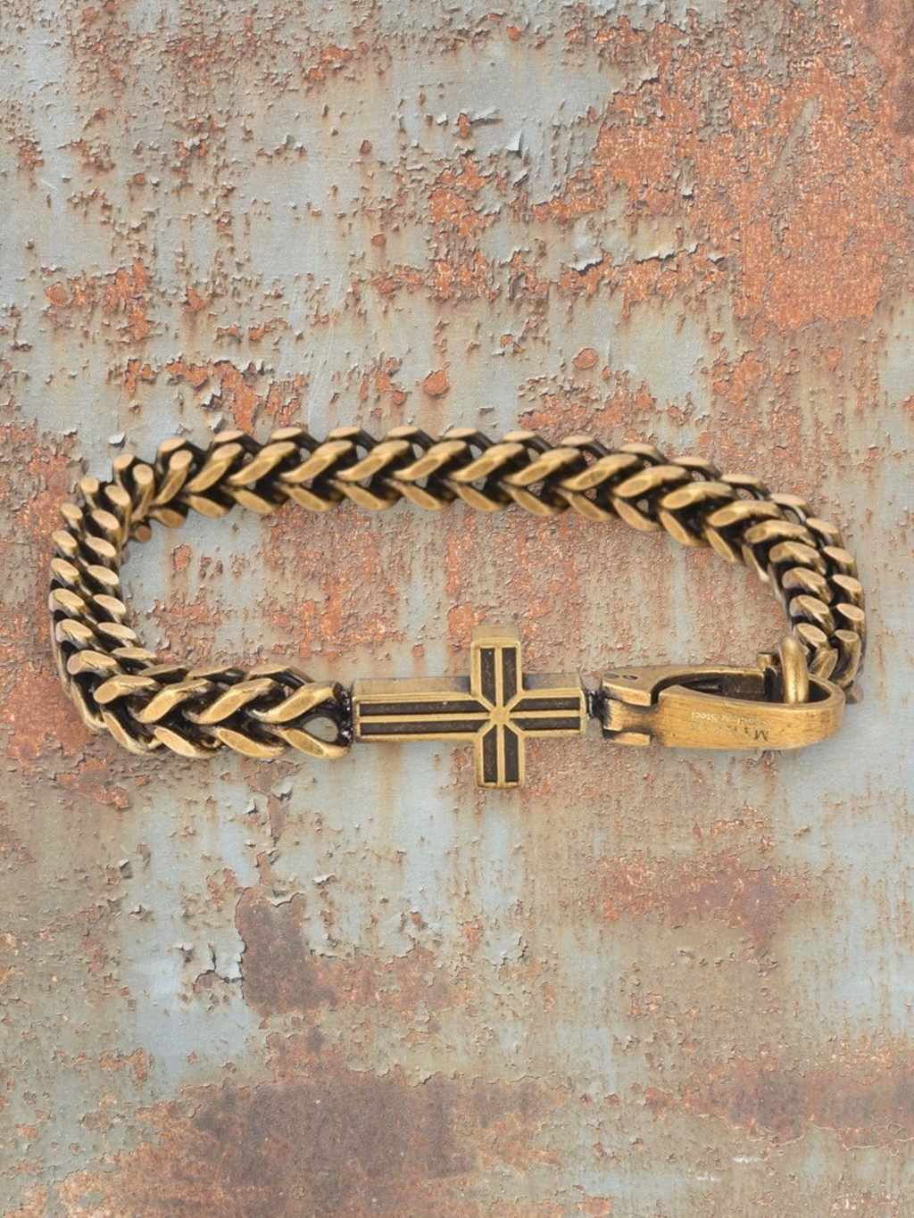 WILDSIDE men's gold stainless steel bracelet with a detailed cross clasp. Edgy and stylish.