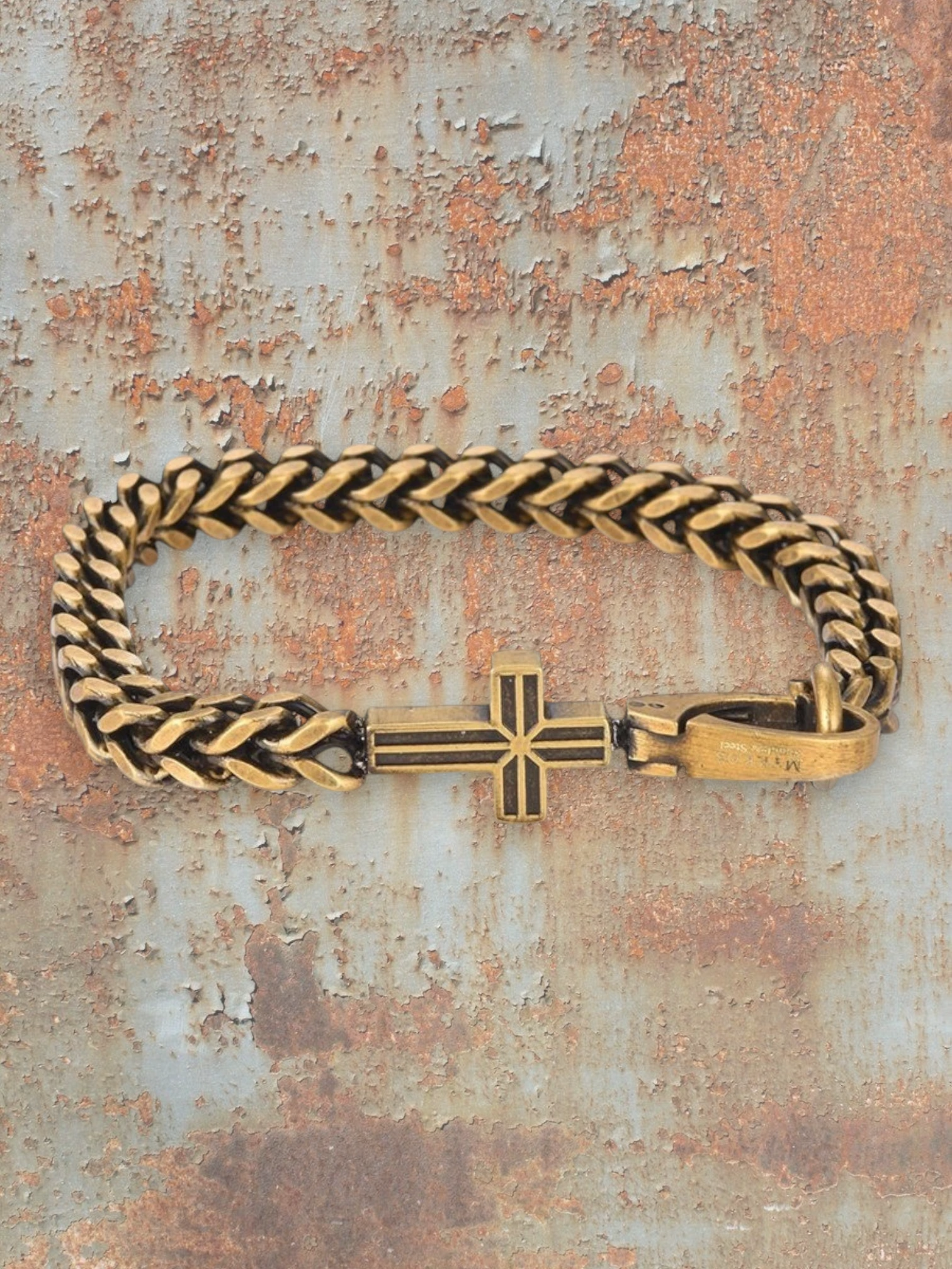 WILDSIDE men's gold stainless steel bracelet with a detailed cross clasp. Edgy and stylish.