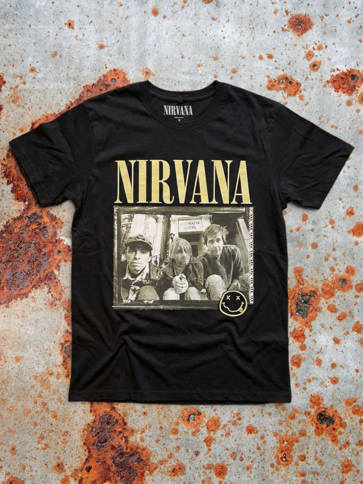 Nirvana Premium Carbon T‑Shirt – Nevermind ’91 Hotel Photo (100% Combed Cotton, Premium Soft‑Touch Finish)