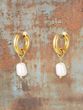 WILDSIDE gold hoop earrings with irregular white pearl drop and gold bead accent.