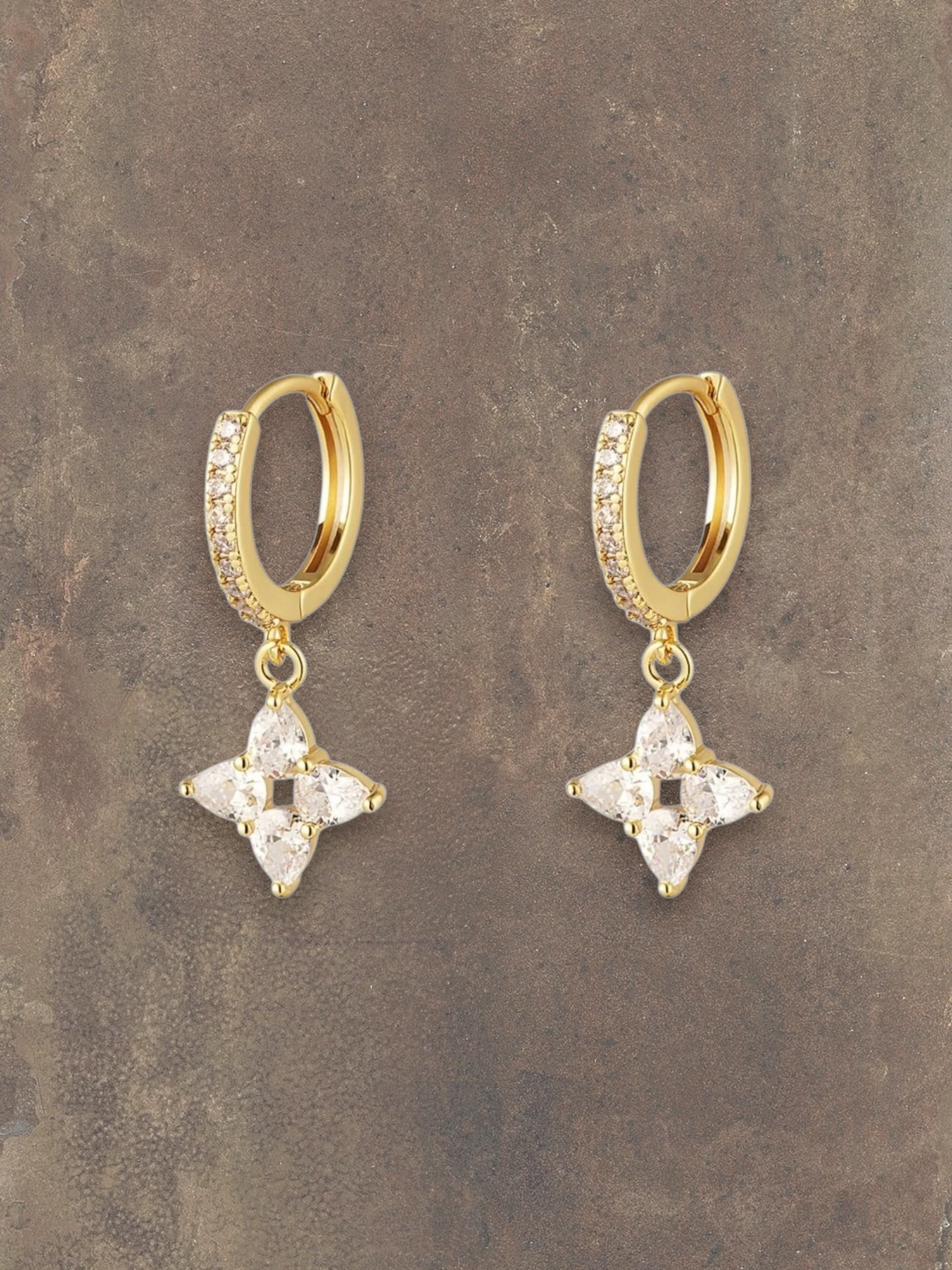 WILDSIDE gold-tone drop earrings with cubic zirconia flower design and paved hoops.