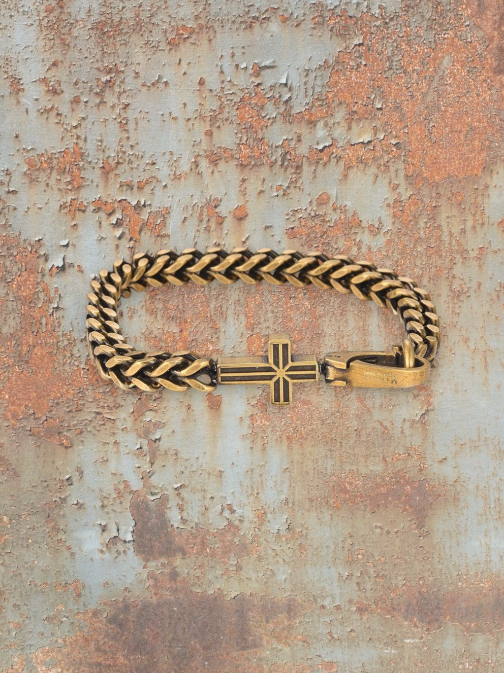 WILDSIDE men's gold stainless steel bracelet with a cross detail and woven chain design.