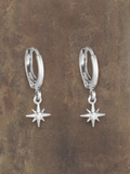 WILDSIDE silver hoop earrings with small star pendant and clear crystal accent.