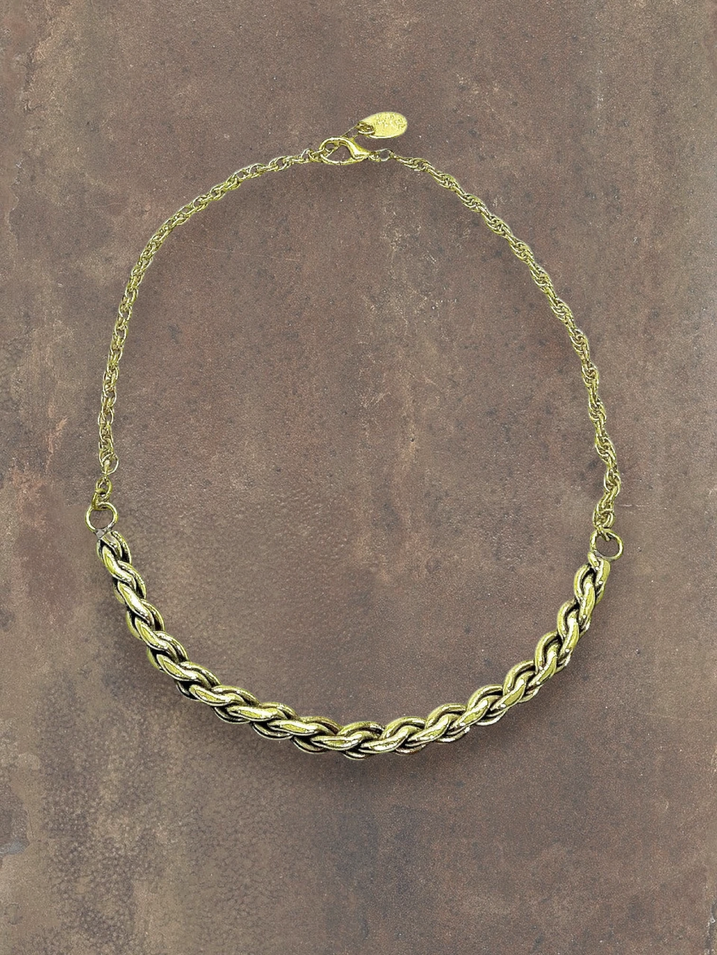WILDSIDE handmade brass curl necklace with a twisted chain and lobster clasp, 42cm length plus extension. Hypoallergenic.