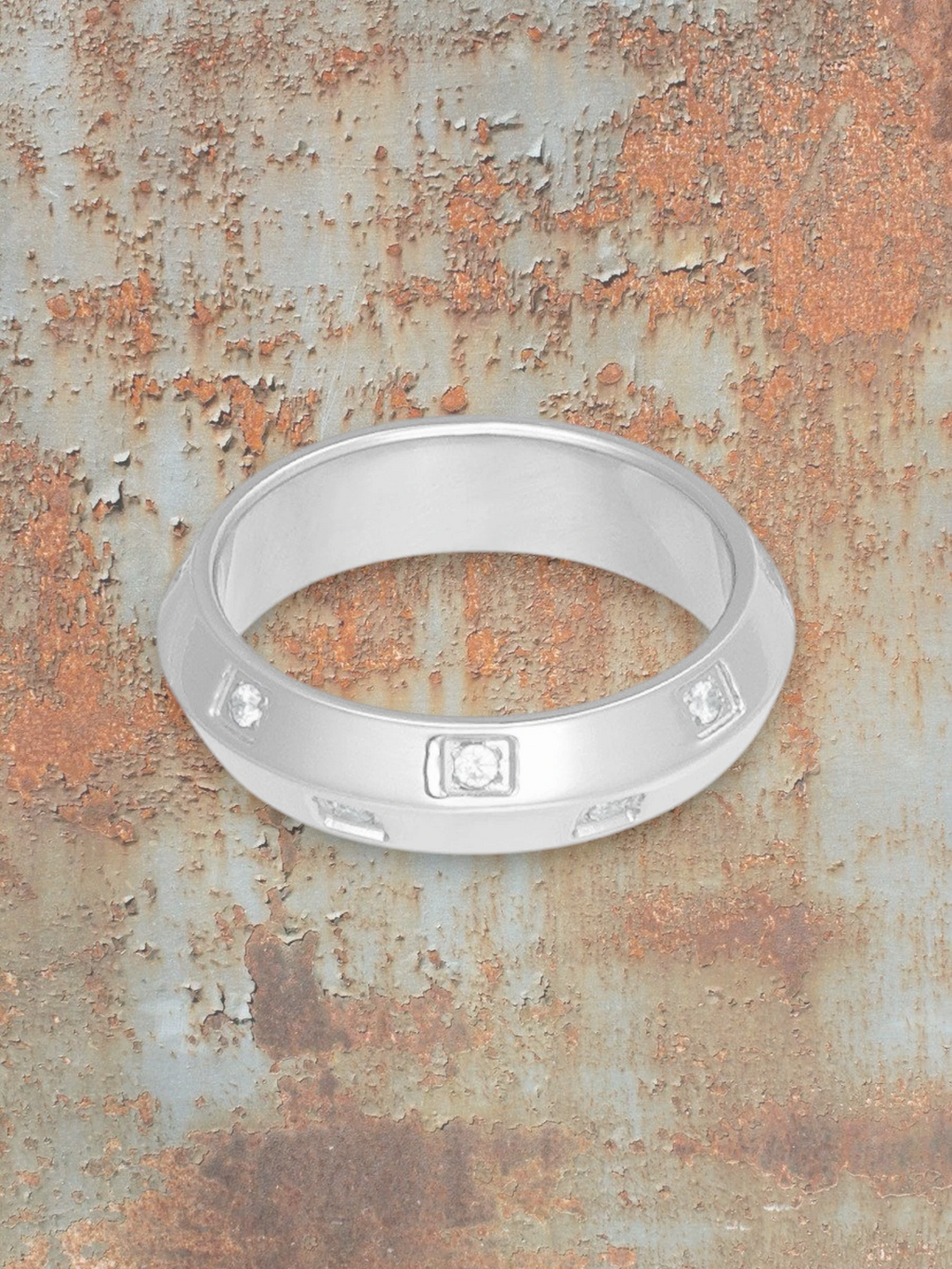 WILDSIDE silver stainless steel ring with small clear stones, size 17.