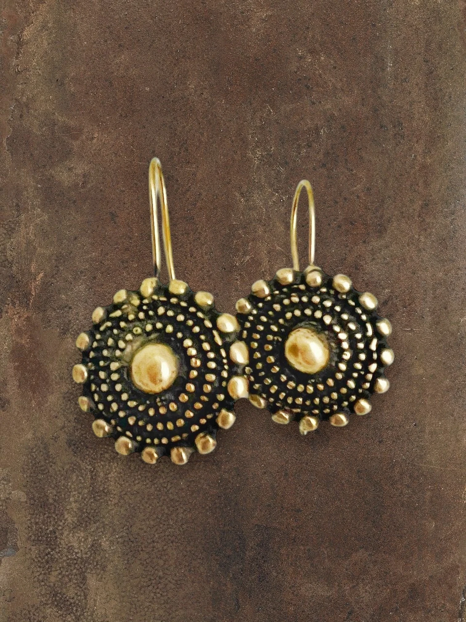 WILDSIDE gold zamak charro earrings with hook closure and intricate dotted pattern. Hypoallergenic.