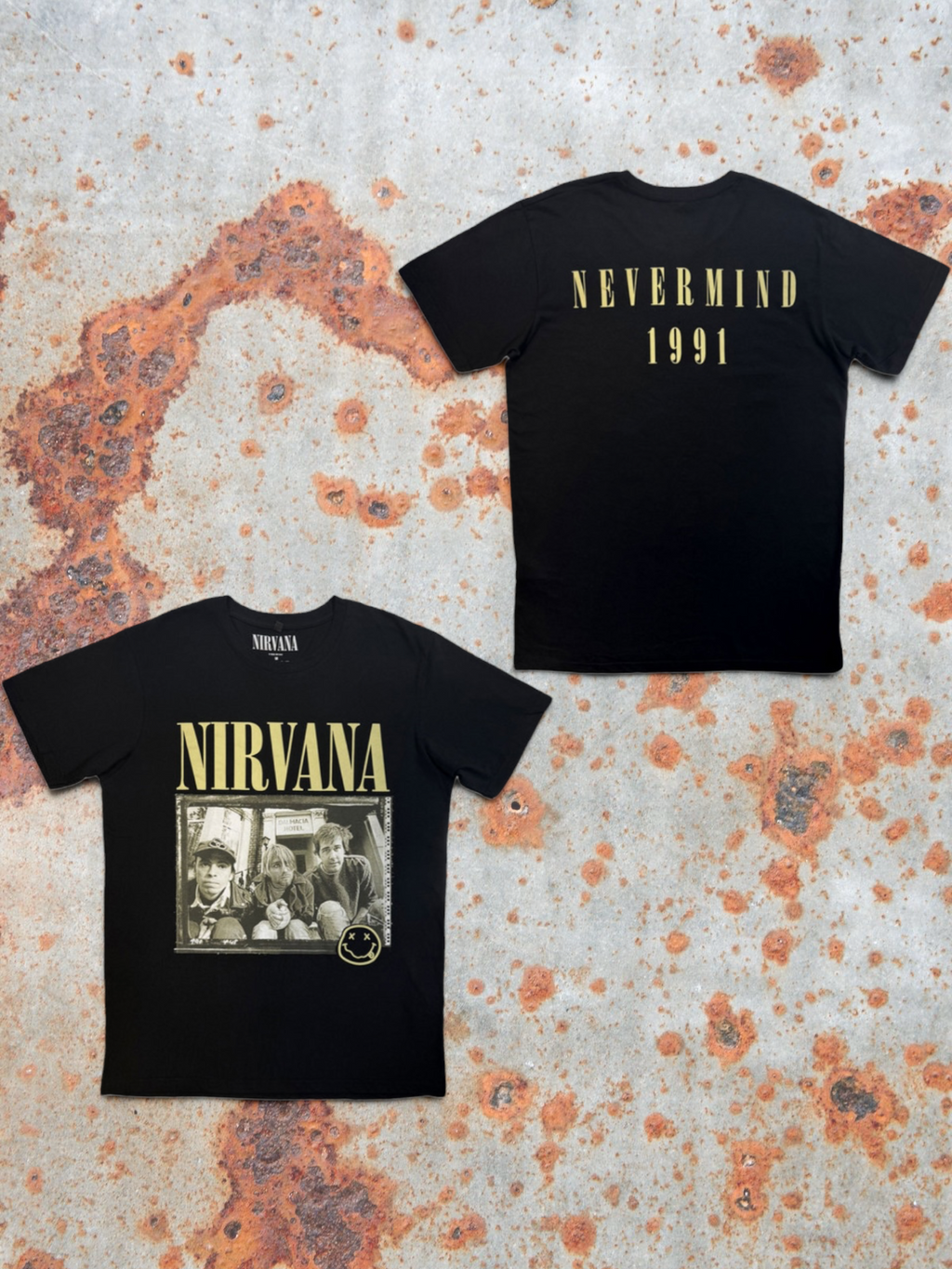 Nirvana Premium Carbon T‑Shirt – Nevermind ’91 Hotel Photo (100% Combed Cotton, Premium Soft‑Touch Finish)
