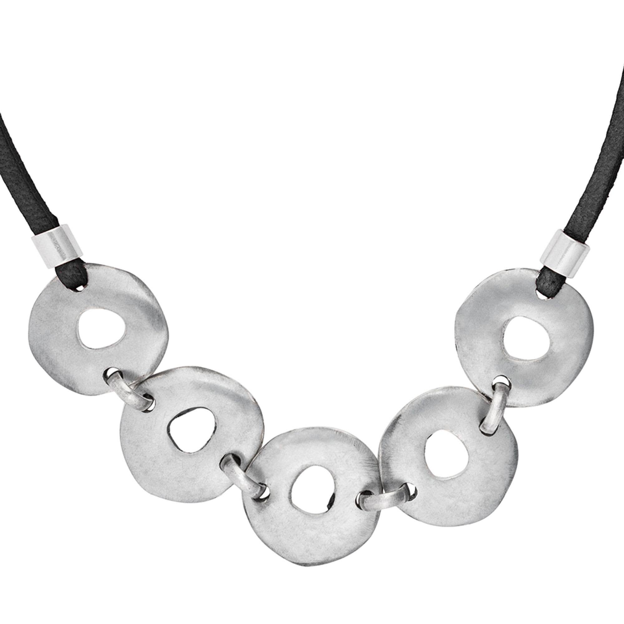 Black leather choker necklace with silver rings