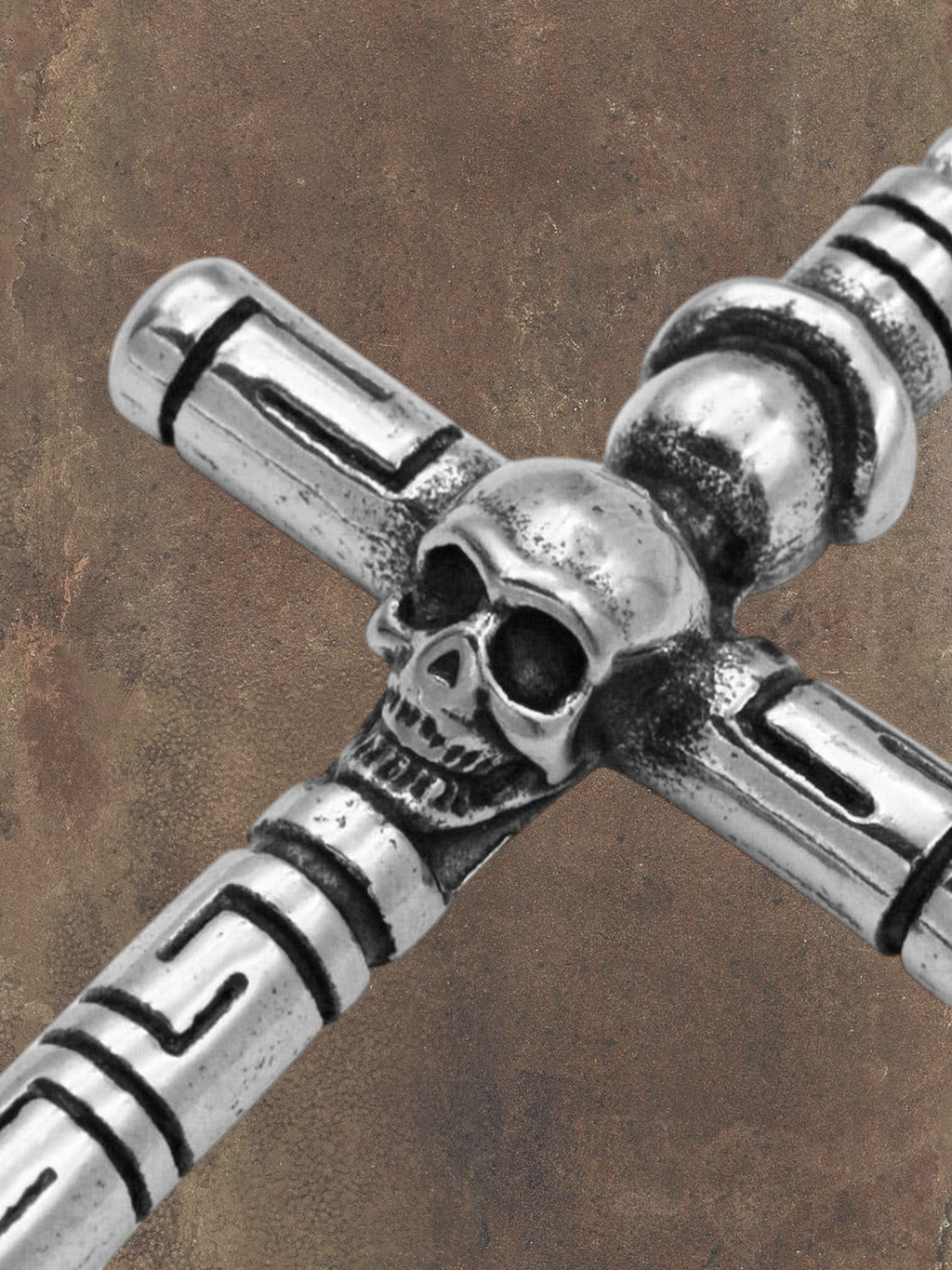 WILDSIDE silver-tone stainless steel cross pendant with skull detail and engraved pattern. Pendant size 54mm x 34mm.