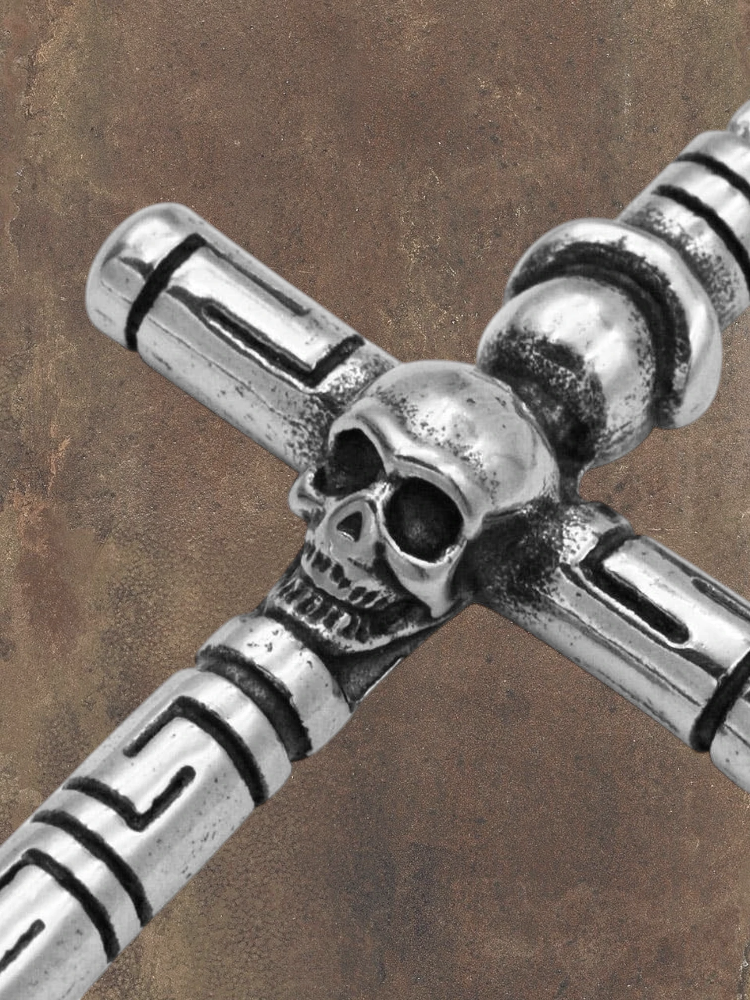 WILDSIDE silver-tone stainless steel cross pendant with skull detail and engraved pattern. Pendant size 54mm x 34mm.