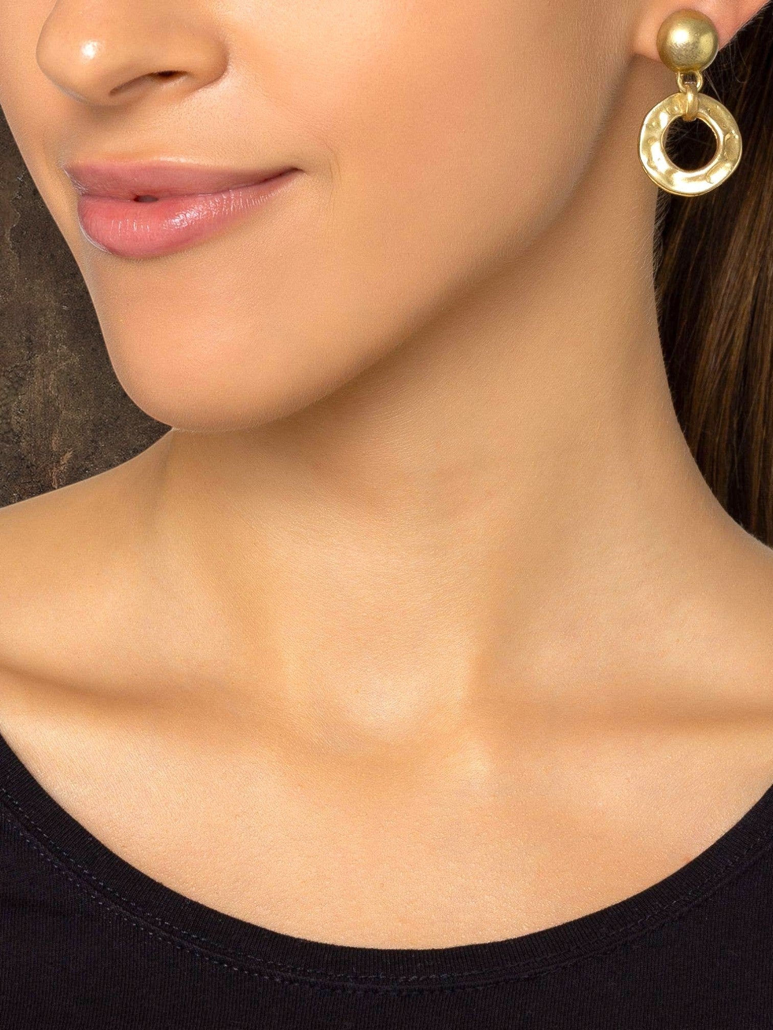 WILDSIDE gold-tone hammered hoop drop earrings with polished ball stud. Textured artisanal finish.