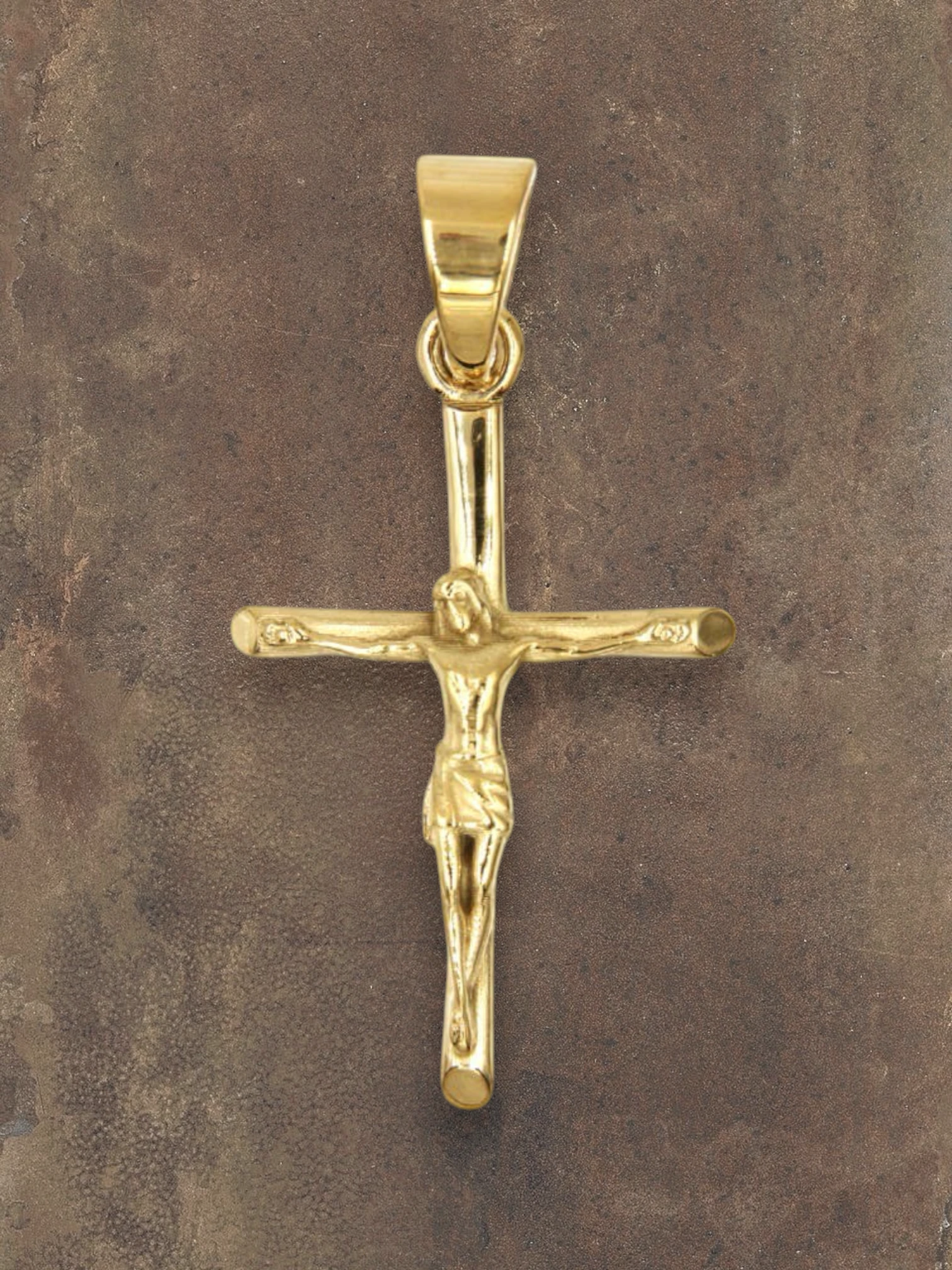 WILDSIDE gold-tone stainless steel crucifix pendant, hand-polished with Jesus figure. 28mm x 40mm.
