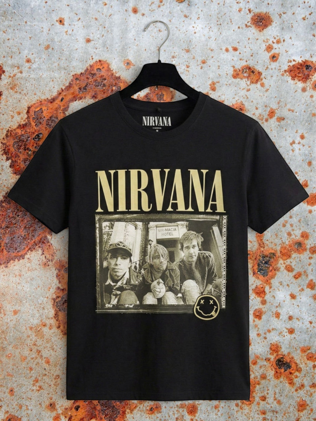 Nirvana Premium Carbon T-Shirt – Nevermind ’91 Hotel Photo (100% Combed Cotton, Premium Soft-Touch Finish)