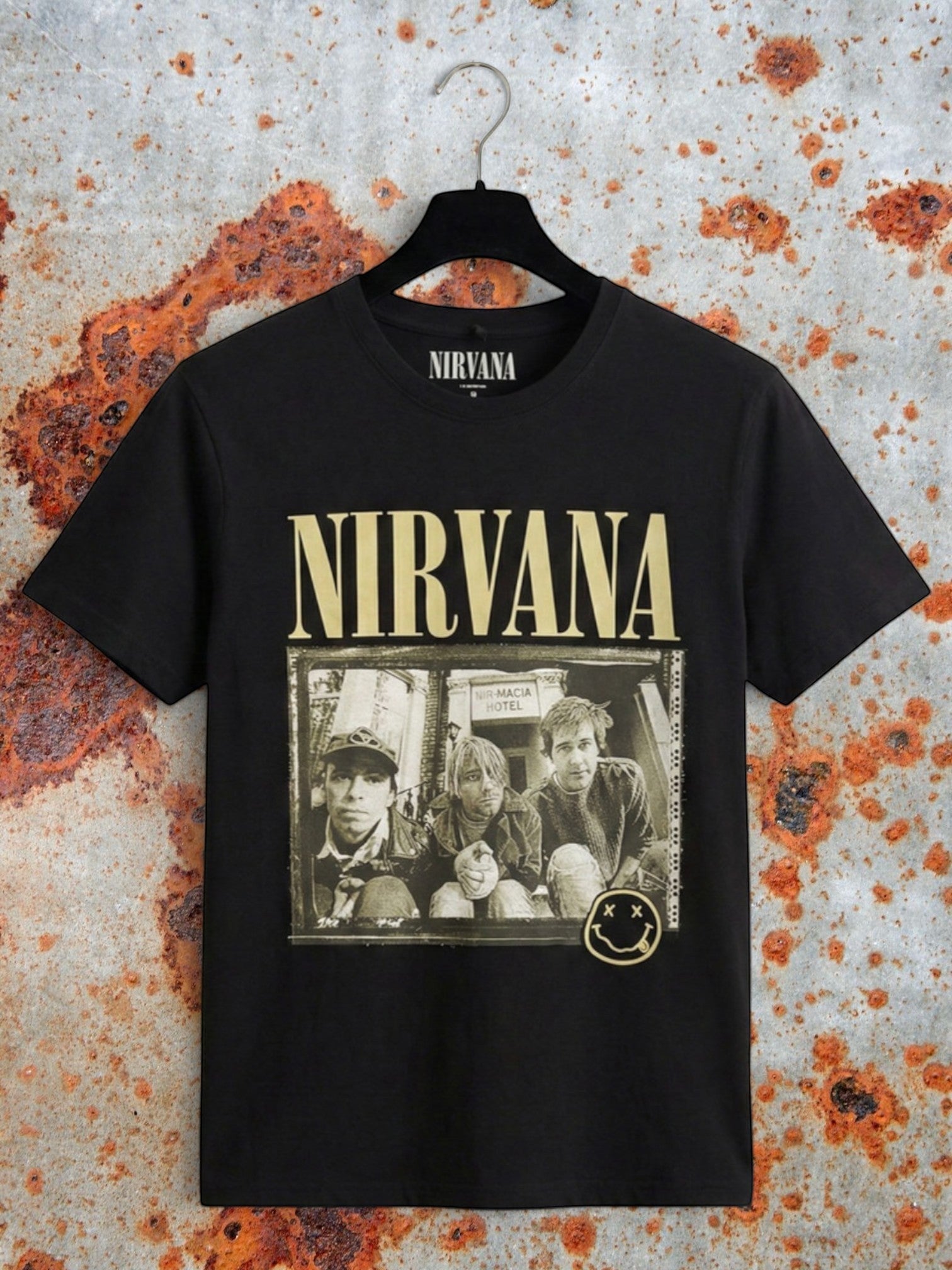 Nirvana Premium Carbon T-Shirt – Nevermind ’91 Hotel Photo (100% Combed Cotton, Premium Soft-Touch Finish)