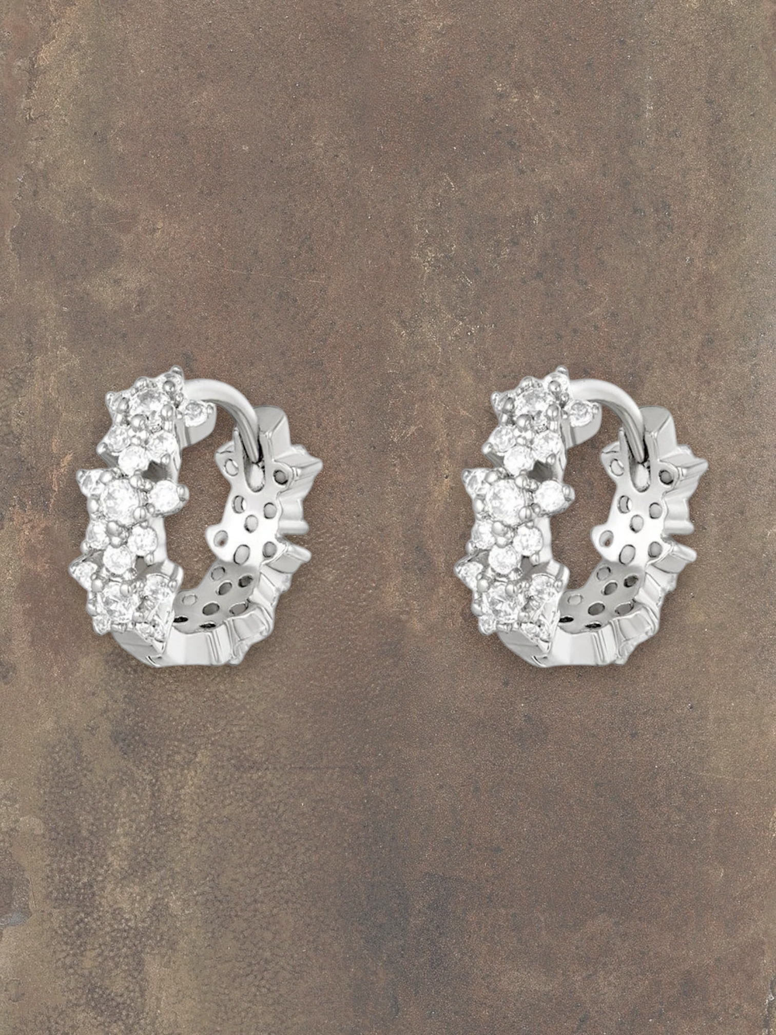 WILDSIDE small silver hoop earrings with sparkling stones, featuring a floral design.
