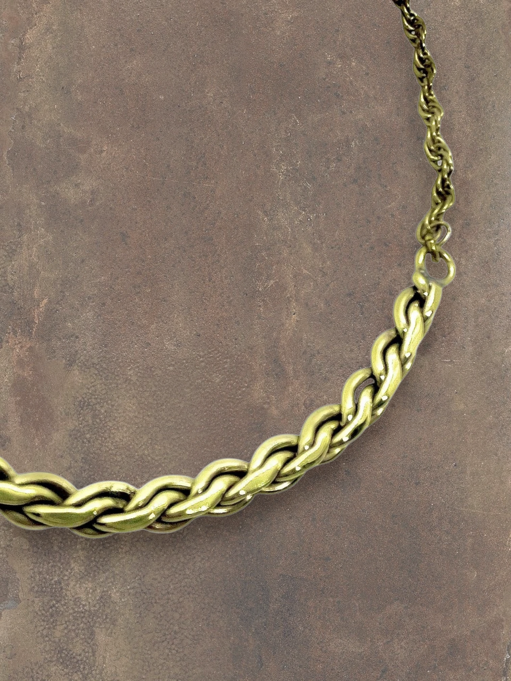 WILDSIDE handmade brass curl necklace with a braided chain and lobster clasp, 42cm length plus extension.