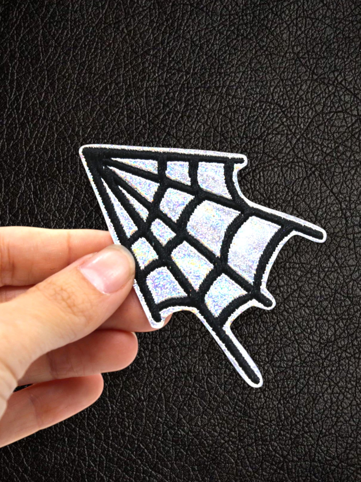Silver Glitter Holographic Spider Web Iron On Vinyl Patch
