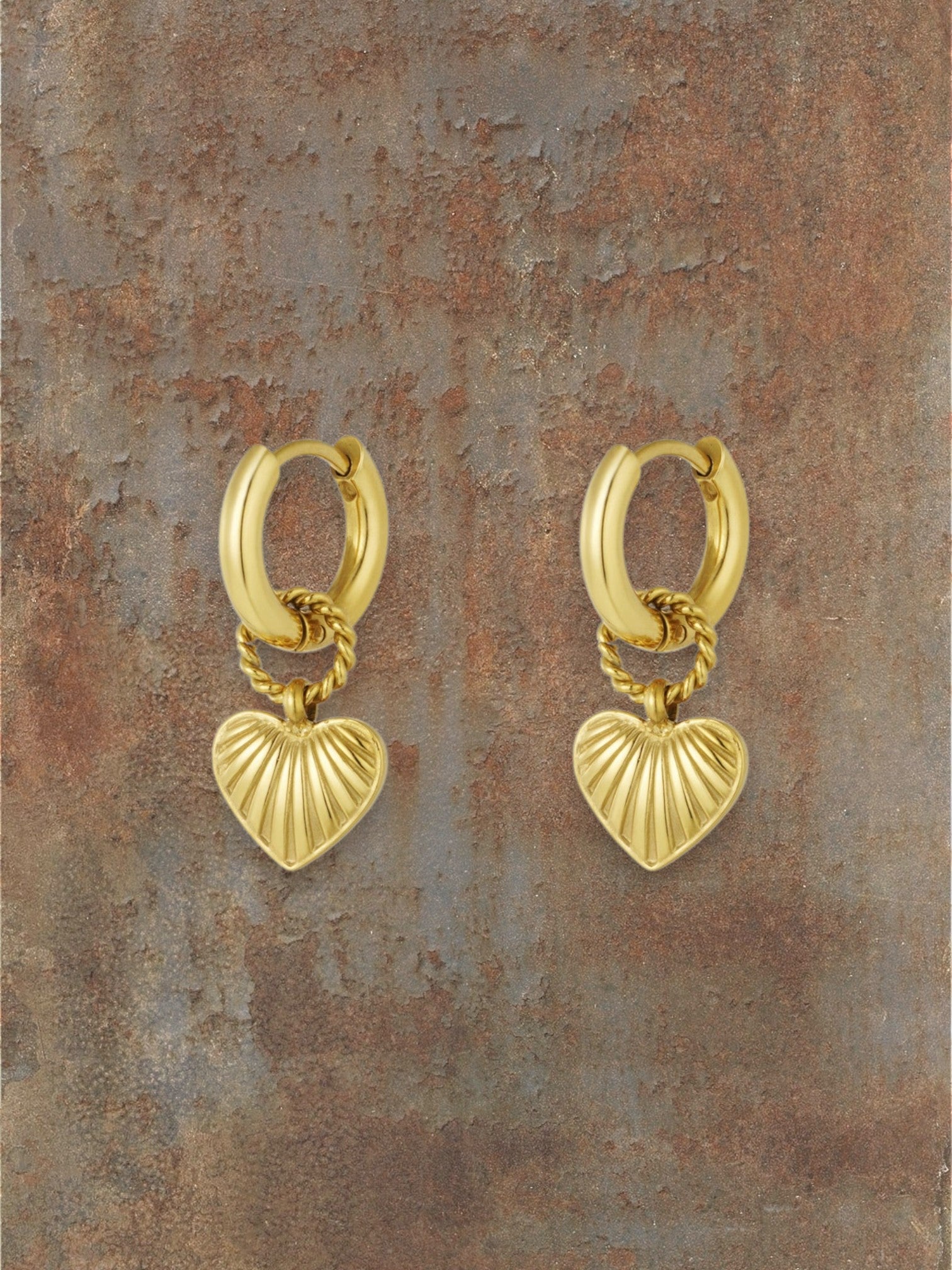 WILDSIDE gold textured heart hoop earrings with ridged pendant detail and rope-style bail.