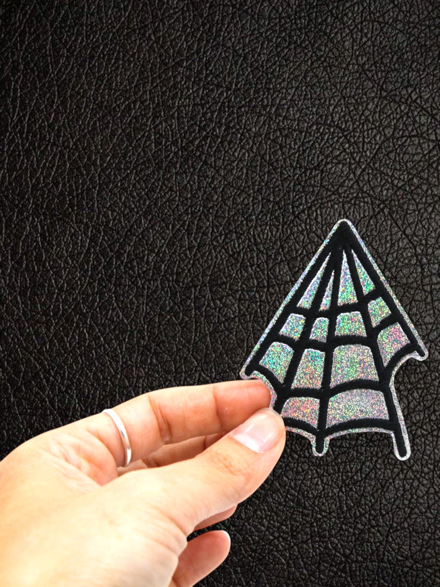 Silver Glitter Holographic Spider Web Iron On Vinyl Patch
