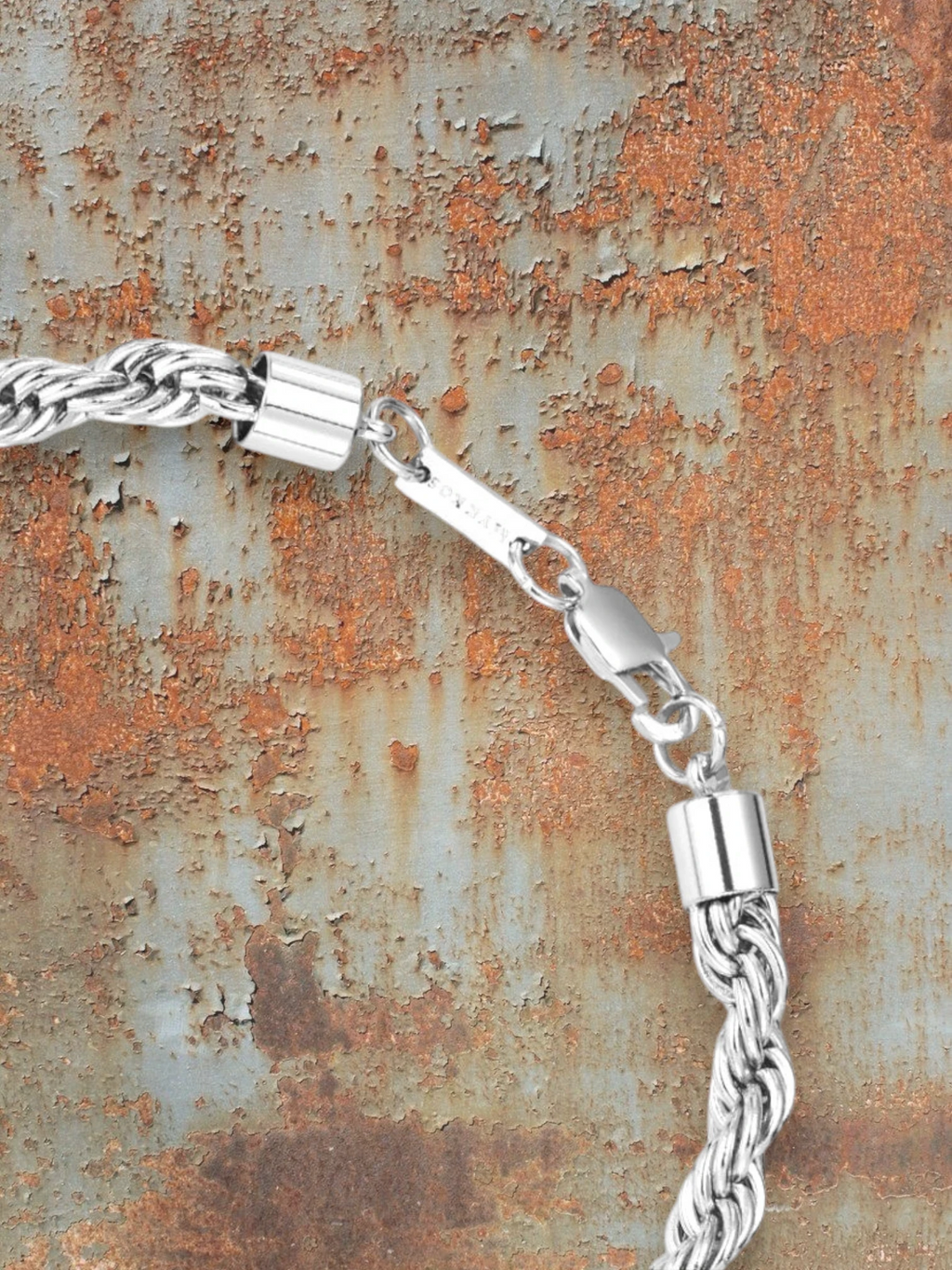 WILDSIDE silver stainless steel rope chain men's bracelet with clasp closure.
