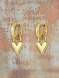 WILDSIDE gold heart lock hoop earrings with polished metal finish and dangling heart charms.
