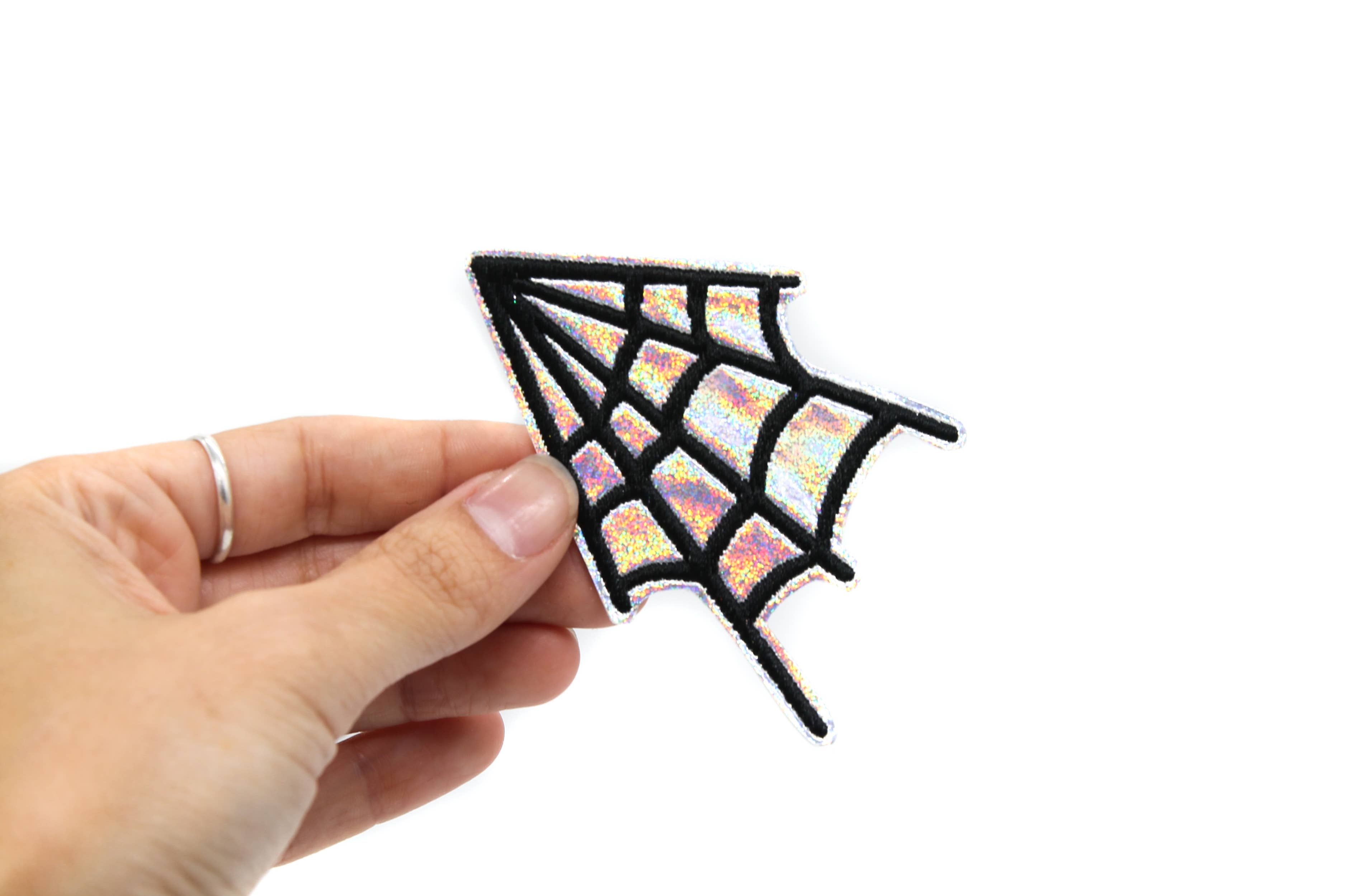 Silver Glitter Holographic Spider Web Iron On Vinyl Patch
