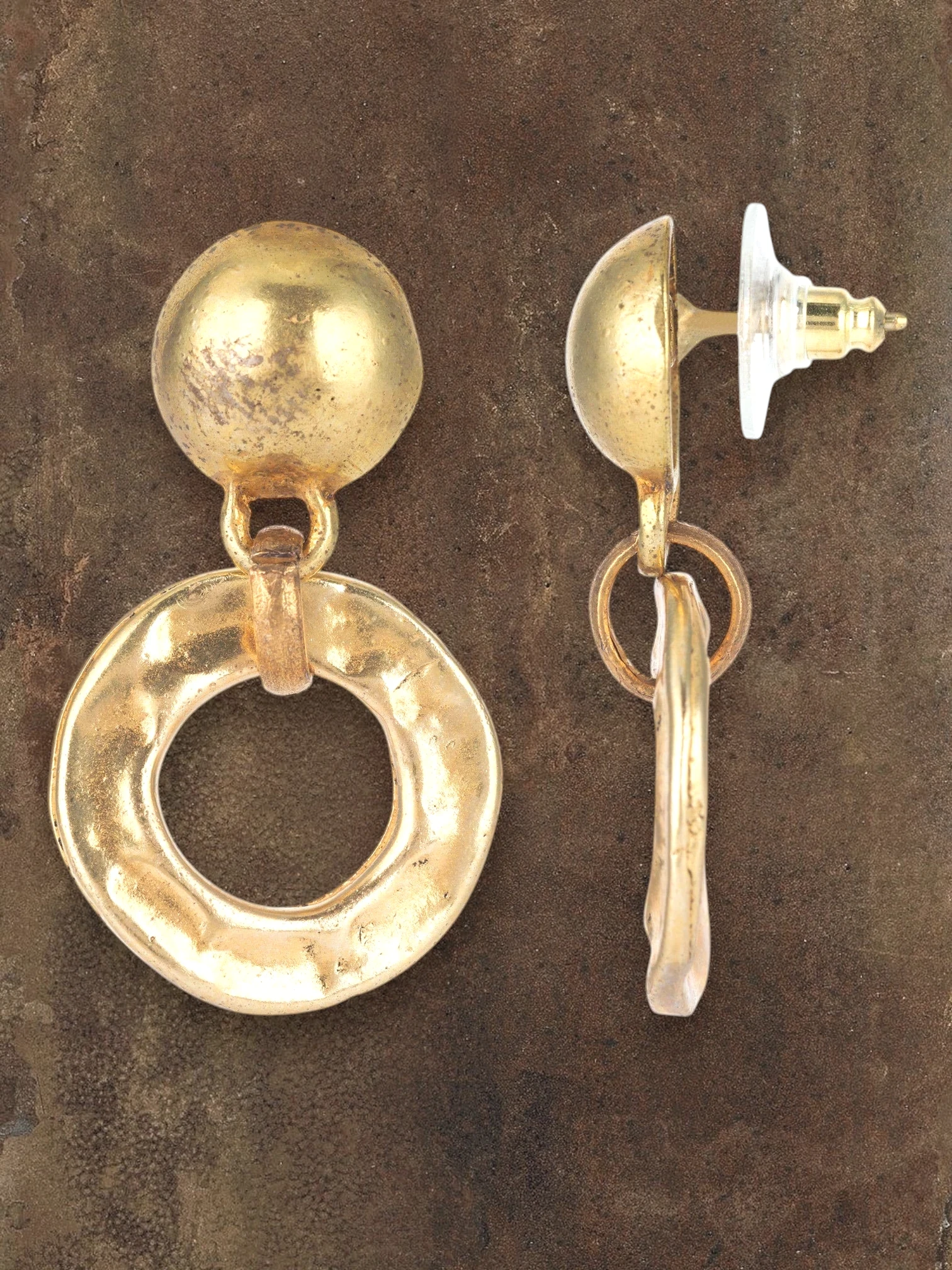WILDSIDE gold-tone hammered hoop drop earrings with ball stud and textured finish.