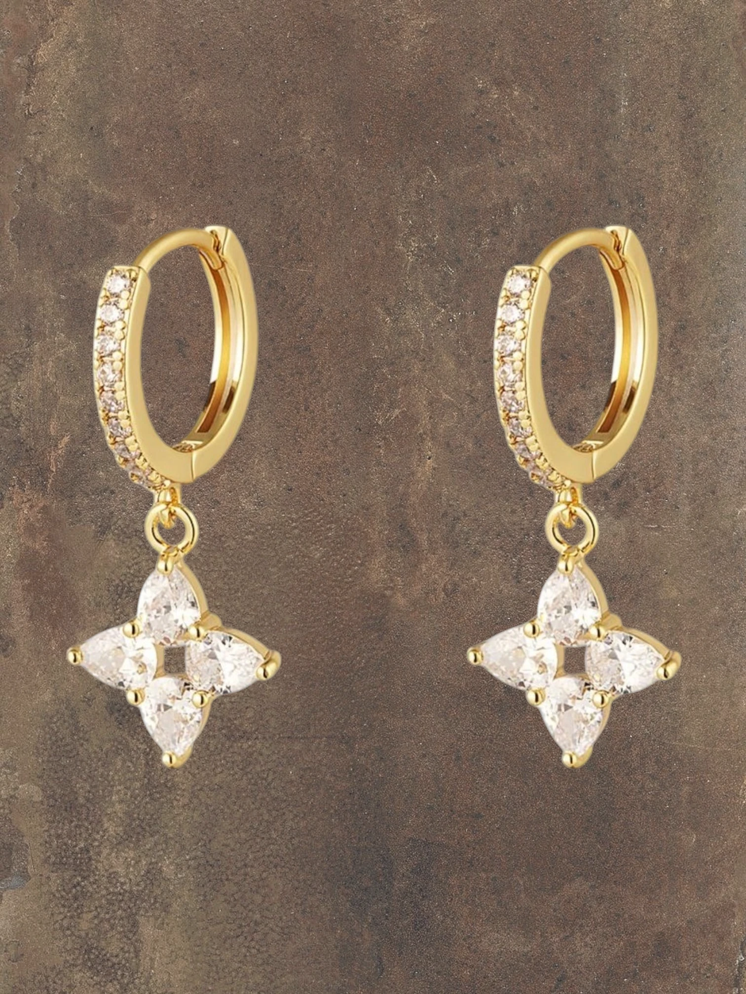 WILDSIDE gold-tone drop earrings with cubic zirconia paved hoops and four-petal flower charms.
