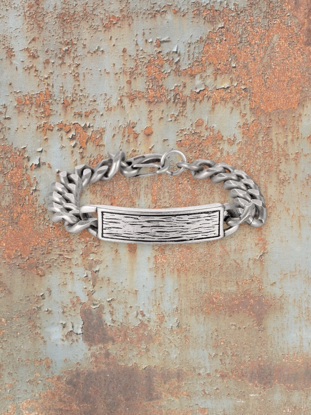 WILDSIDE men's open curb chain bracelet in silver-tone stainless steel with a textured rectangular plate.