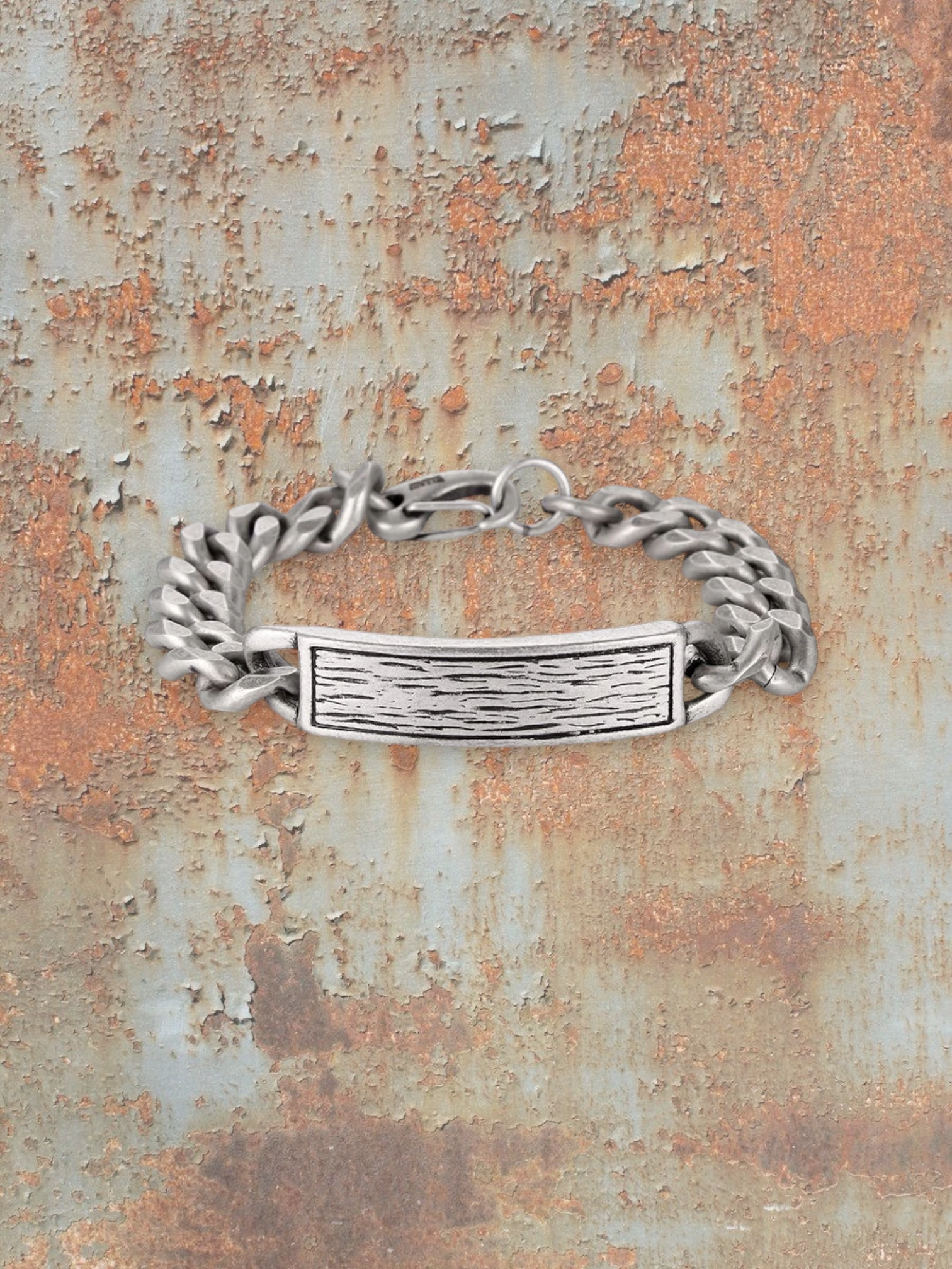 WILDSIDE men's open curb chain bracelet in silver-tone stainless steel with a textured rectangular plate.