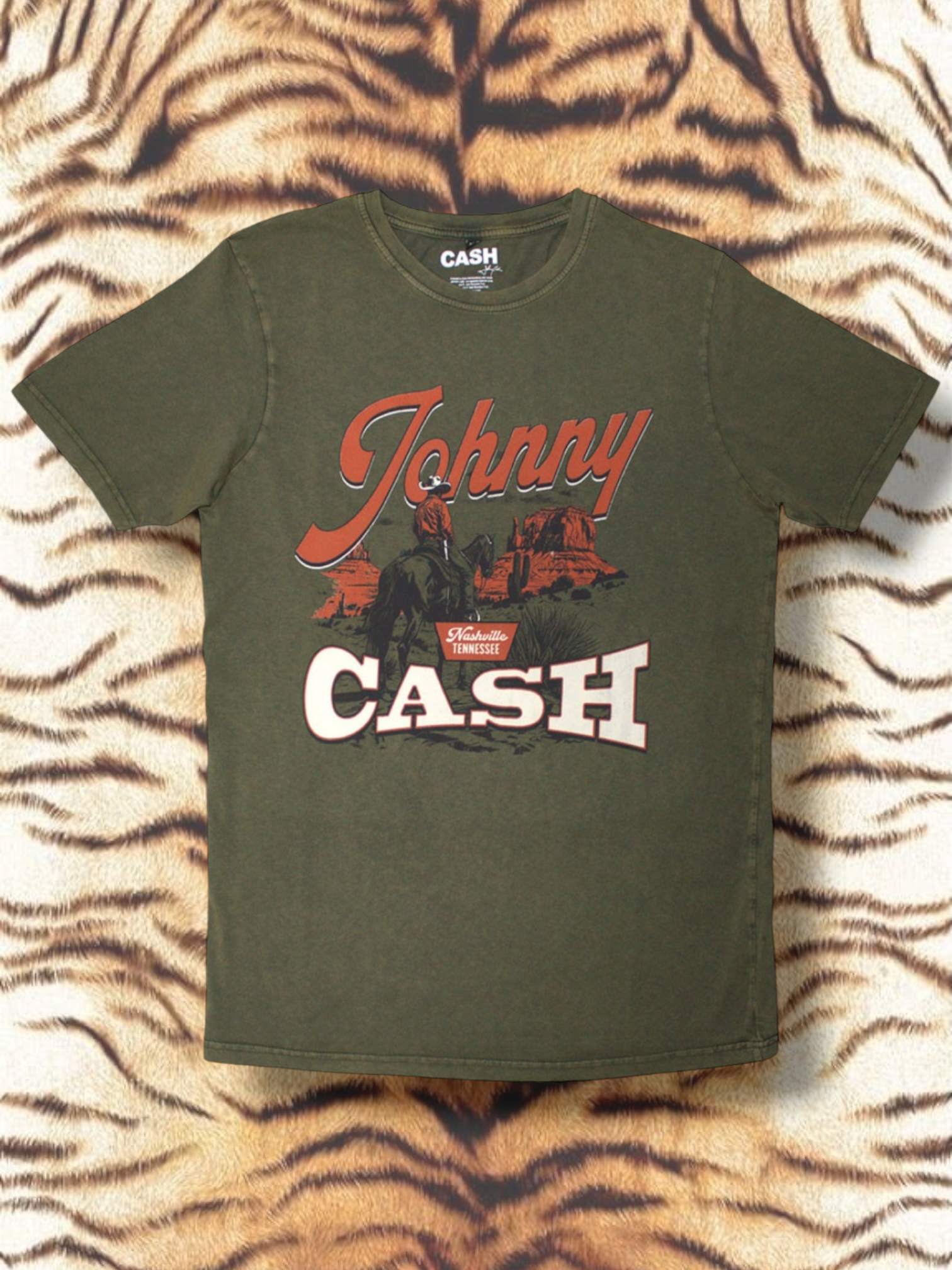 Johnny Cash Unisex Stone Wash T-Shirt: Desert Cowboy (Green)