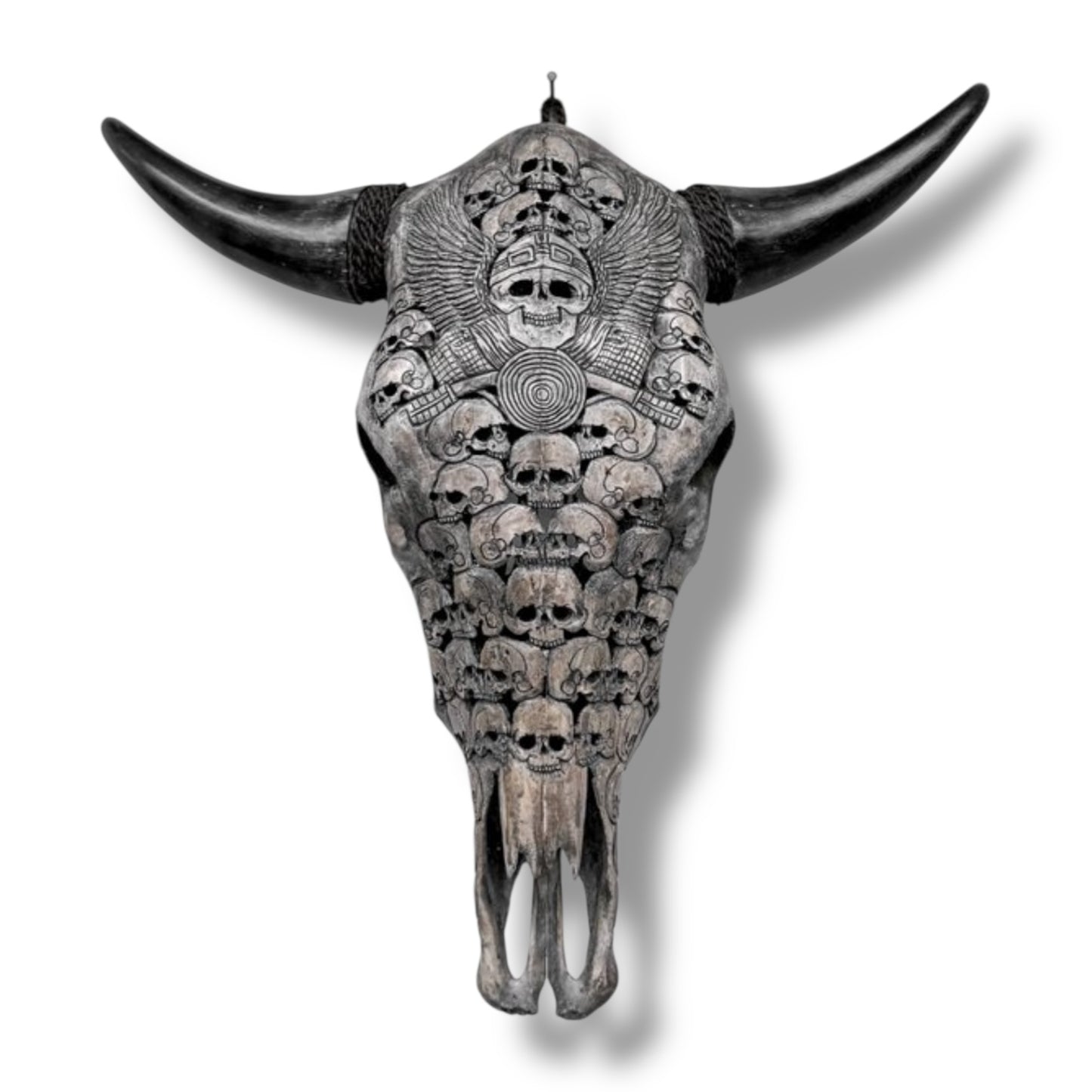 Handgesneden  Stieren Schedel met skulls