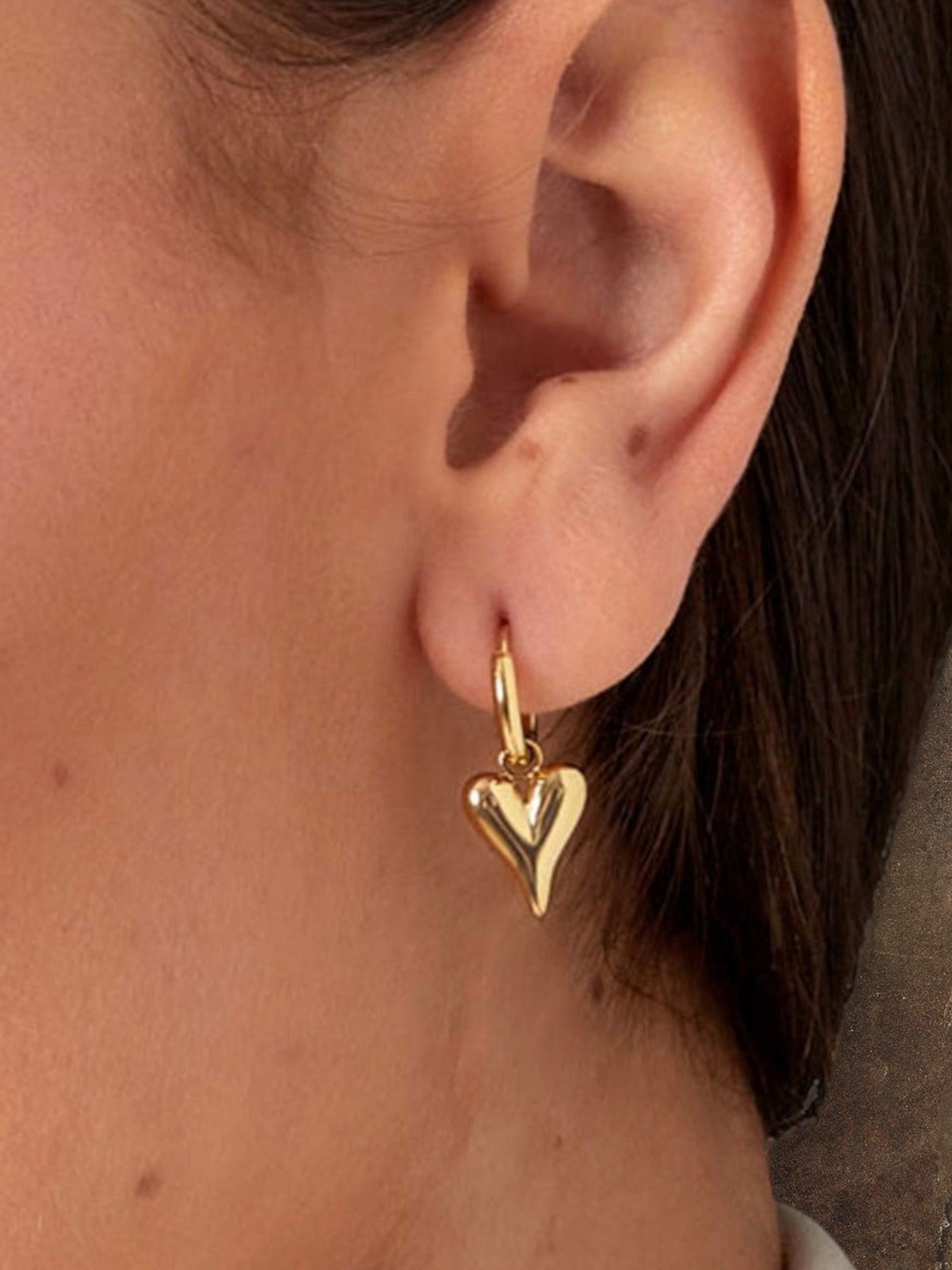 WILDSIDE gold puffy heart hoop earrings, polished silver steel, classic hoop with dangling heart charm.