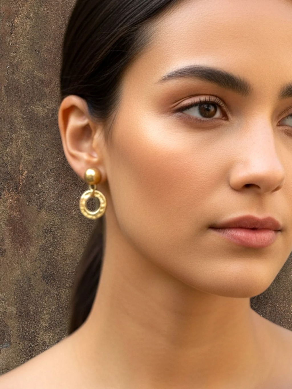 WILDSIDE gold-tone hammered hoop drop earrings with polished ball stud, textured artisanal finish.