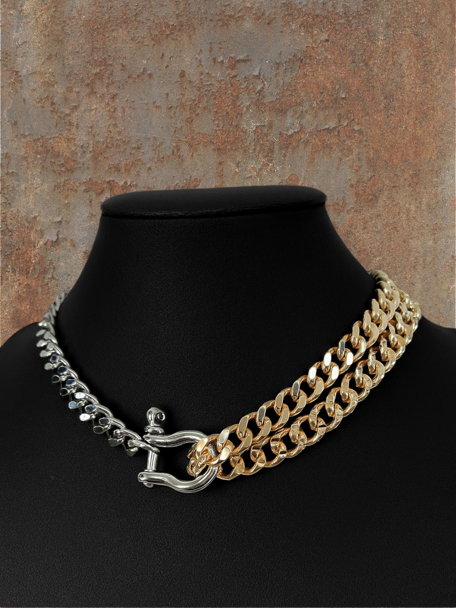 WILDSIDE mixed metals chain necklace in silver and gold stainless steel with a toggle clasp.