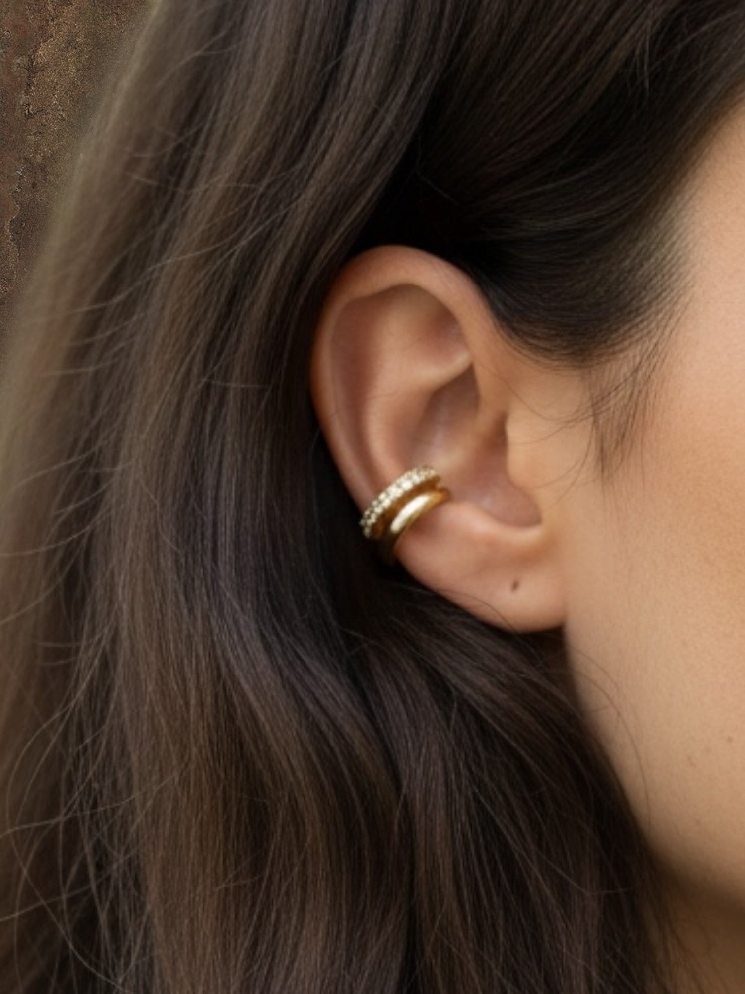 WILDSIDE gold double ear cuff with small clear stones, no piercing needed.