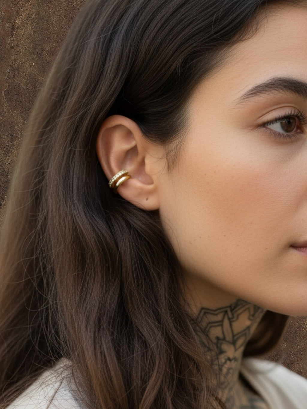 WILDSIDE gold double ear cuff with small clear stones, no piercing needed.