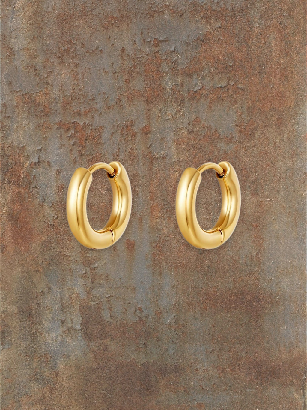 WILDSIDE gold mini hoop earrings, polished metal, small size for everyday wear.