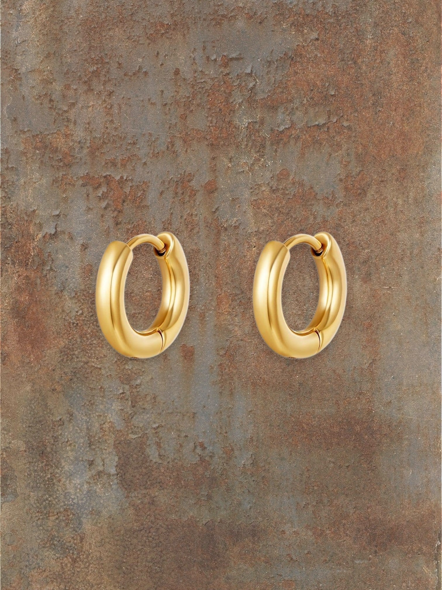 WILDSIDE gold mini hoop earrings, polished metal, small size for everyday wear.