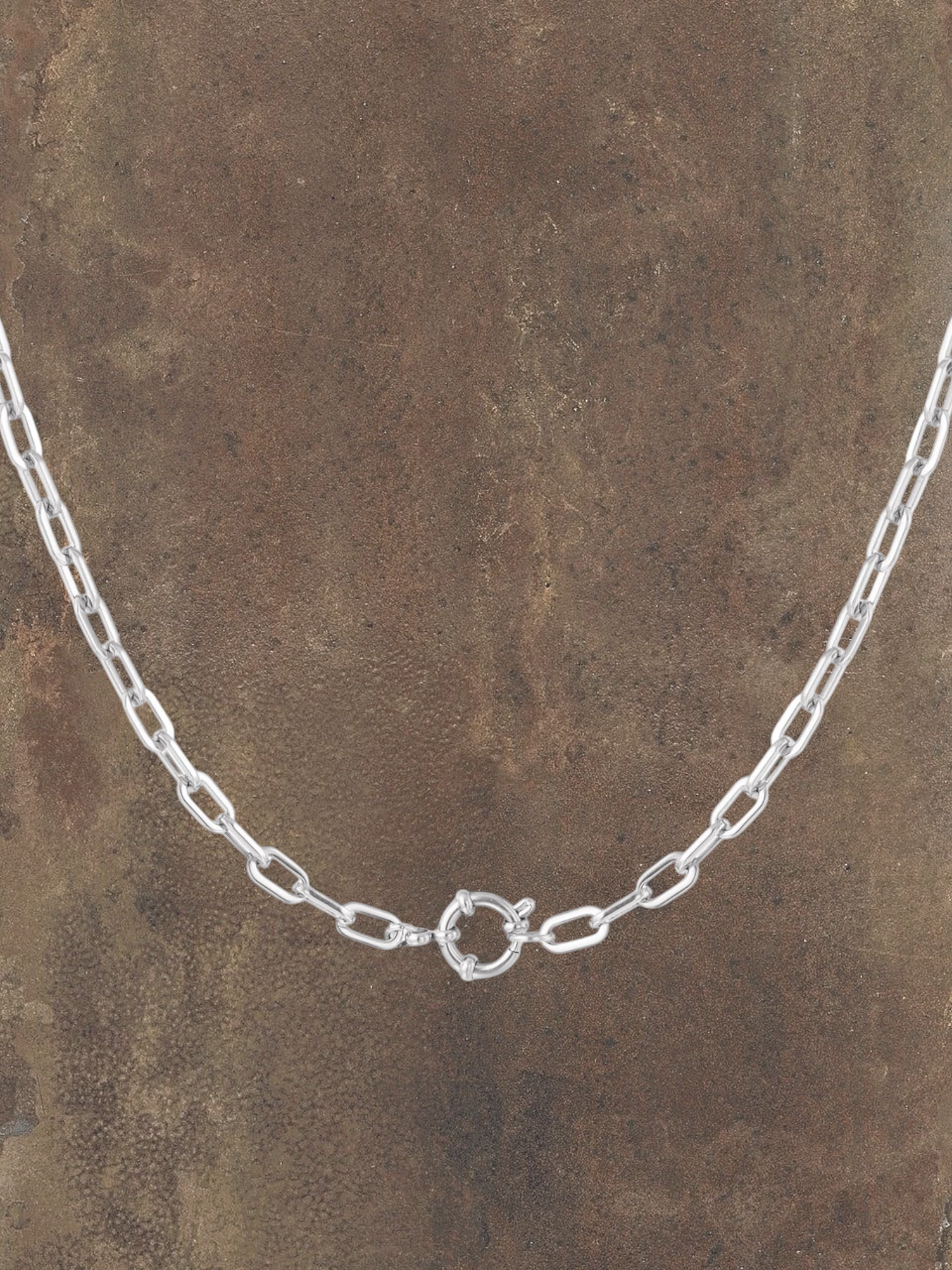 WILDSIDE silver stainless steel chain necklace with a circular clasp. Water-resistant and durable.
