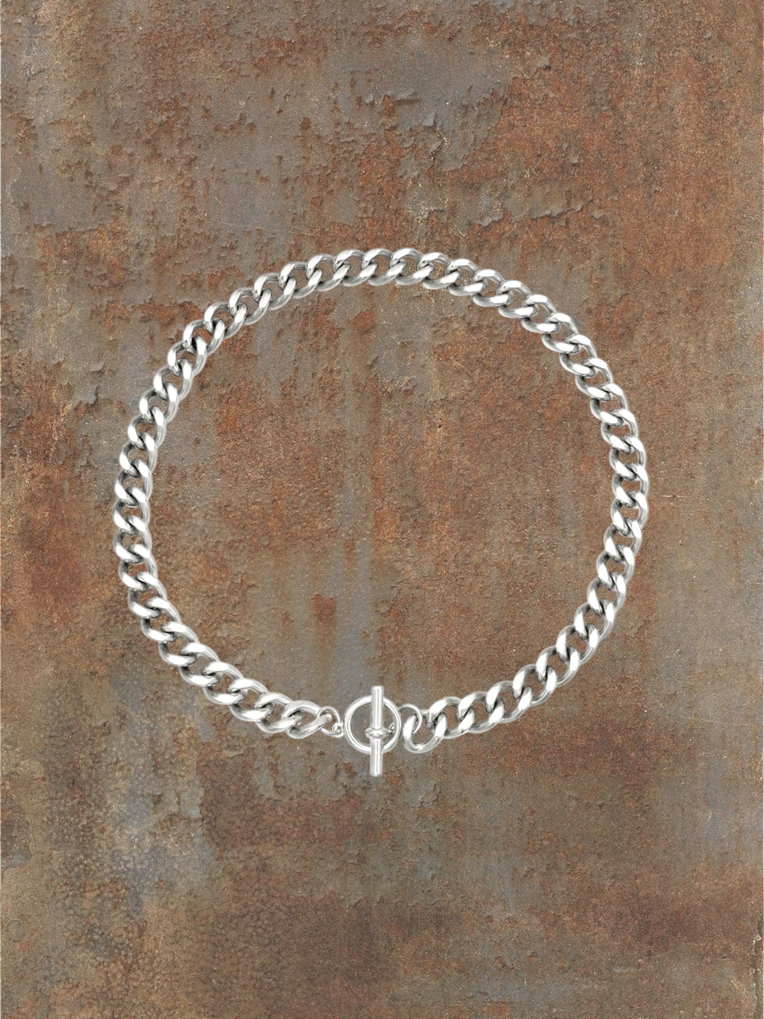 WILDSIDE silver stainless steel curb chain necklace with toggle clasp. Water-resistant and durable.
