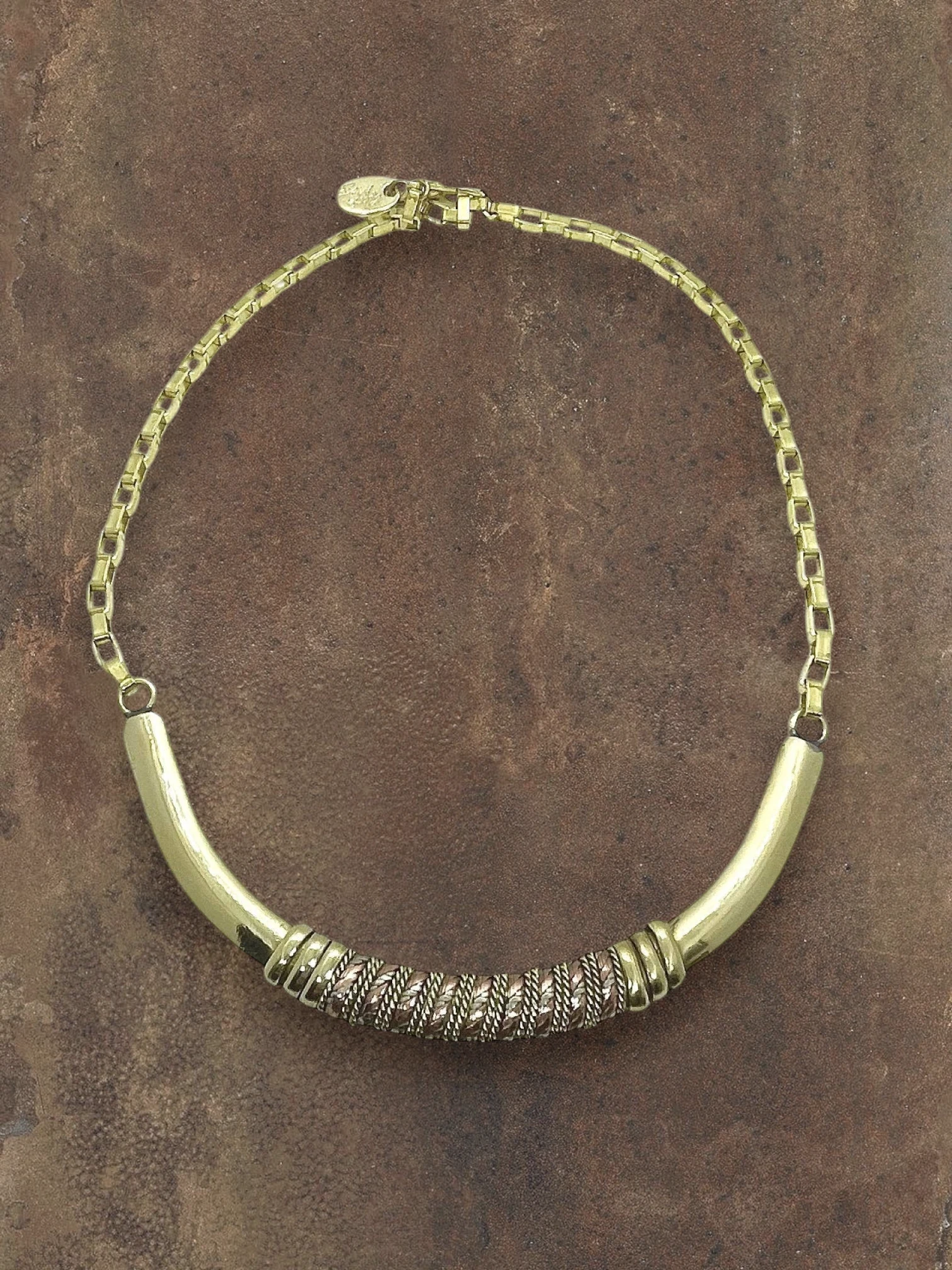 WILDSIDE handmade brass and copper necklace with braided detail and curved bar ends. 42cm length.